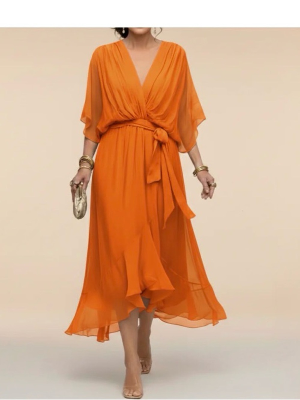 Orange wrap,Tie-Waist Chiffon Midi Dress NWOT